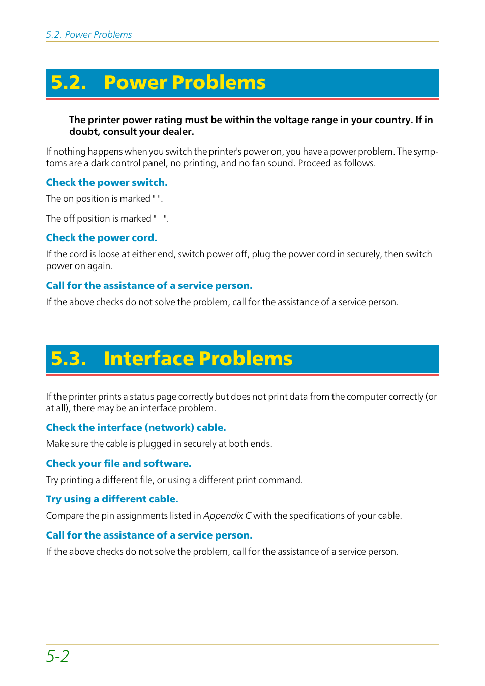 Power problems, Interface problems, Ee section 5.2 | M. see section 5.3 | Kyocera FS-1700 User Manual | Page 89 / 154