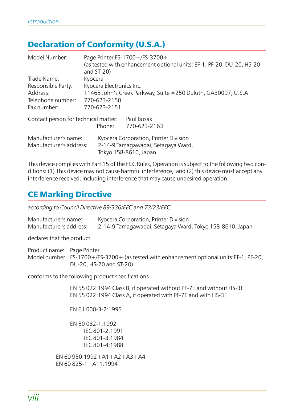 Viii, Declaration of conformity (u.s.a.), Ce marking directive | Kyocera FS-1700 User Manual | Page 9 / 154