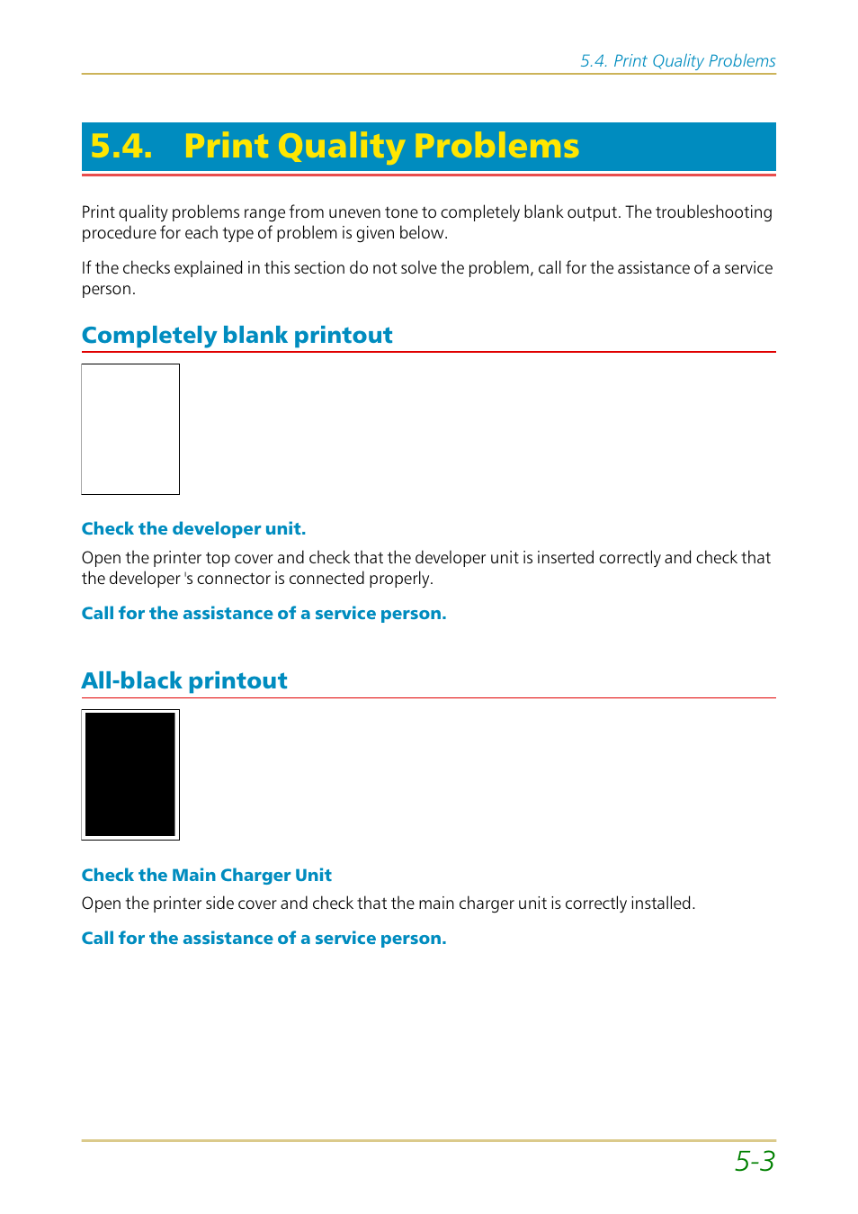 Print quality problems, Completely blank printout, All-black printout | Completely blank printout —3 all-black printout —3, Section 5.4 | Kyocera FS-1700 User Manual | Page 90 / 154