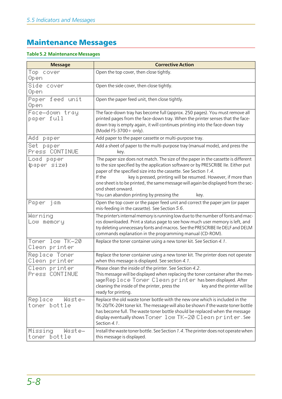 Maintenance messages, Maintenance messages —8, Section 5.5 | Table 5.2 | Kyocera FS-1700 User Manual | Page 95 / 154