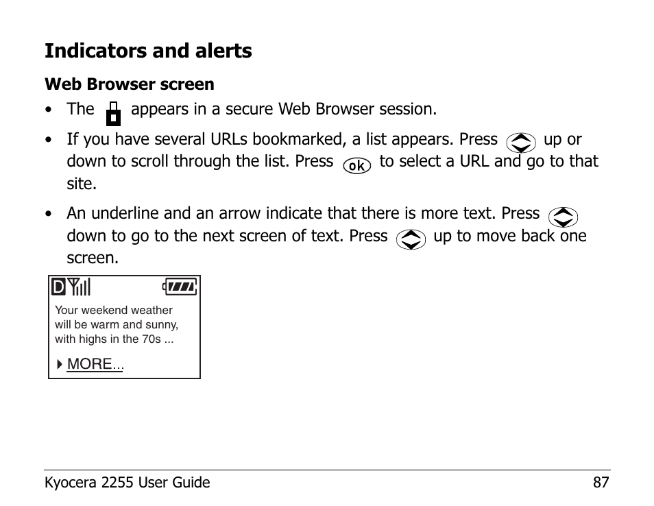 Indicators and alerts | Kyocera 2255 User Manual | Page 101 / 110