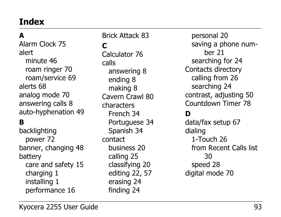 Index | Kyocera 2255 User Manual | Page 107 / 110