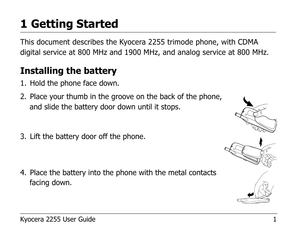 1 getting started, Installing the battery | Kyocera 2255 User Manual | Page 15 / 110