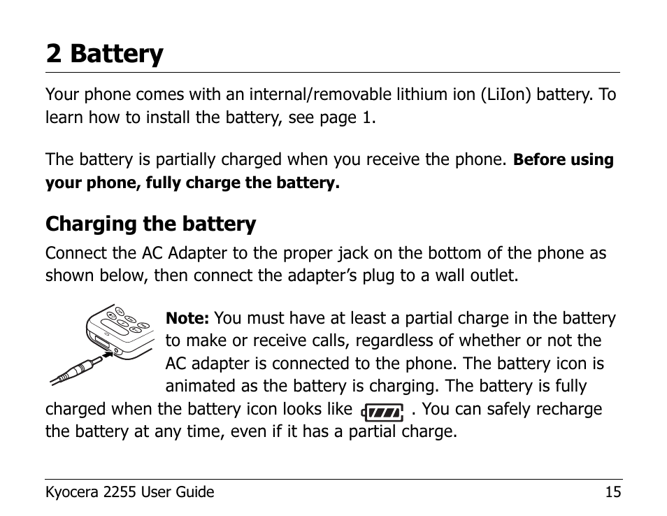 2 battery, Charging the battery | Kyocera 2255 User Manual | Page 29 / 110