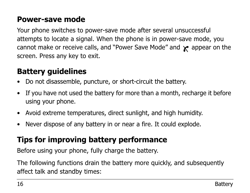 Power-save mode, Battery guidelines, Tips for improving battery performance | Kyocera 2255 User Manual | Page 30 / 110
