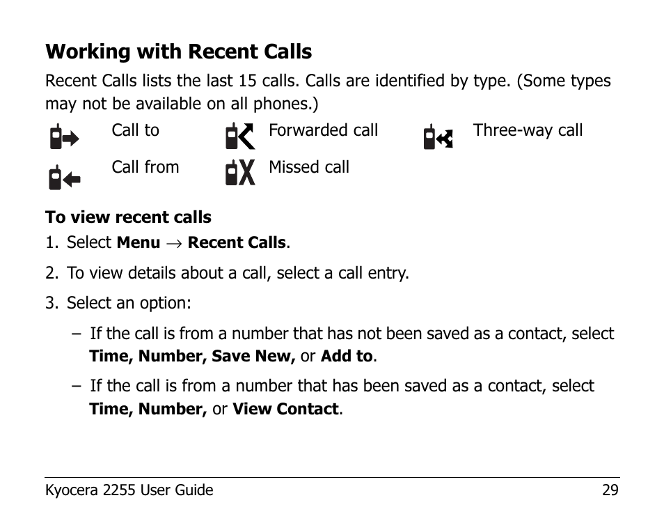 Working with recent calls | Kyocera 2255 User Manual | Page 43 / 110