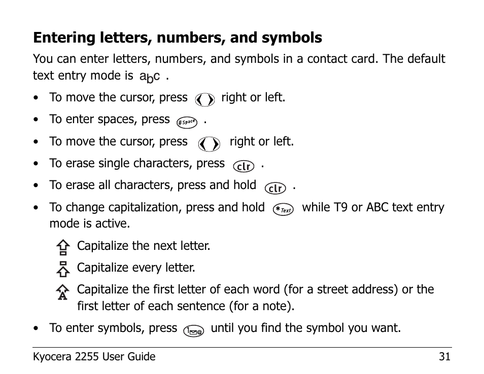 Entering letters, numbers, and symbols | Kyocera 2255 User Manual | Page 45 / 110