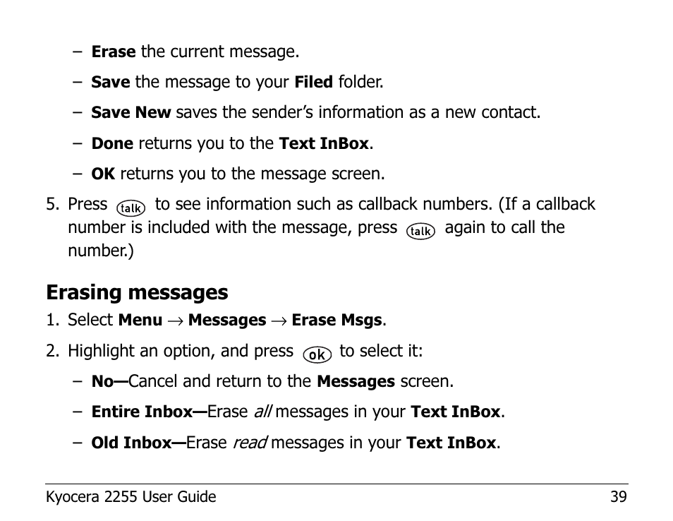 Erasing messages | Kyocera 2255 User Manual | Page 53 / 110