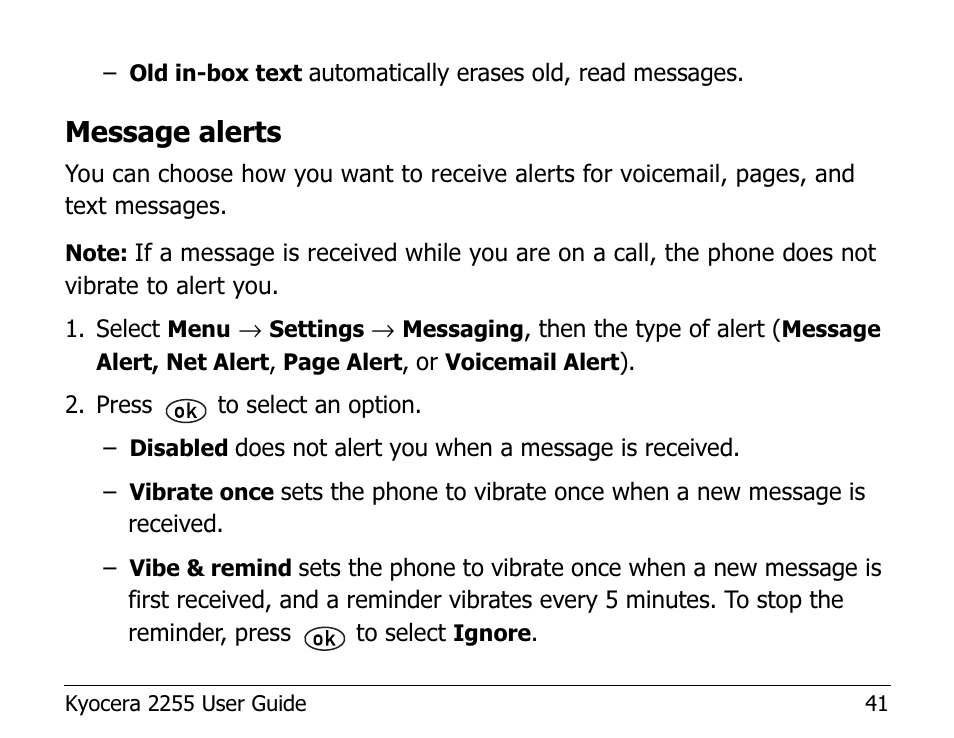 Message alerts | Kyocera 2255 User Manual | Page 55 / 110