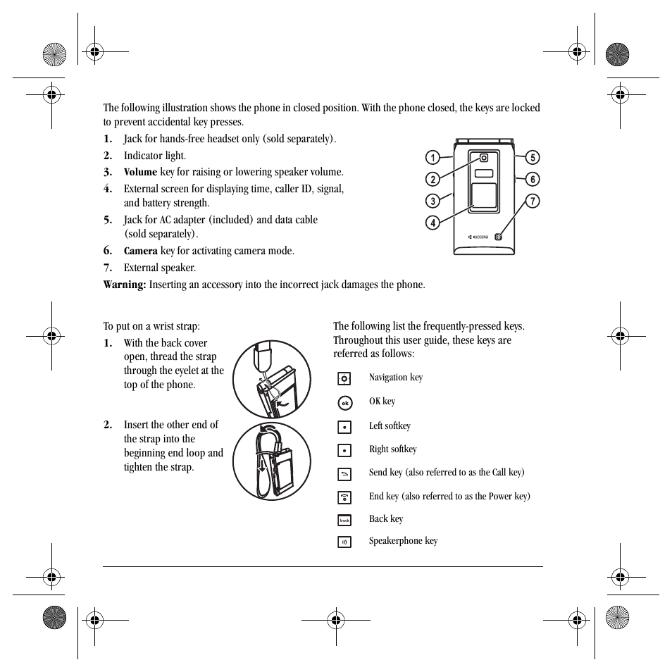 Putting on wrist strap, Common keys | Kyocera S4000 User Manual | Page 12 / 80