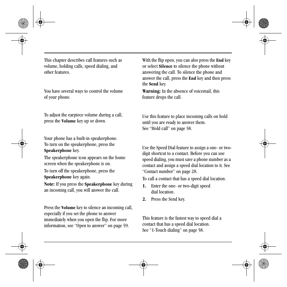 Volume control, Hold call, Speed dialing | Touch dialing | Kyocera S4000 User Manual | Page 18 / 80