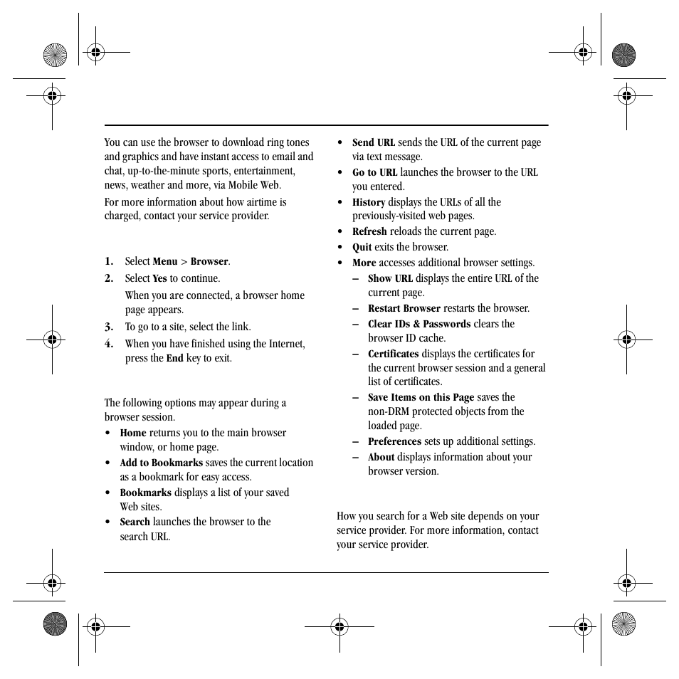 Launch web browser, Use browser options, Search for a web site | Rowser | Kyocera S4000 User Manual | Page 44 / 80