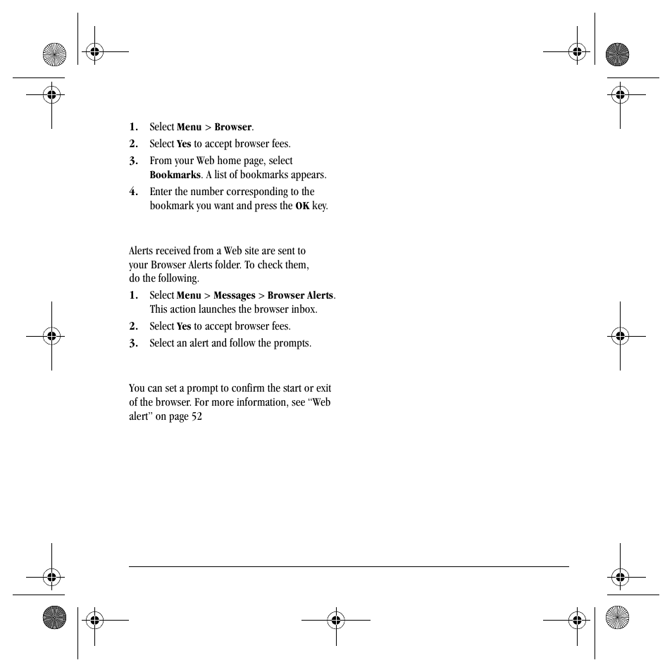 Use a bookmark, Check browser alerts, Set a web prompt | Kyocera S4000 User Manual | Page 45 / 80