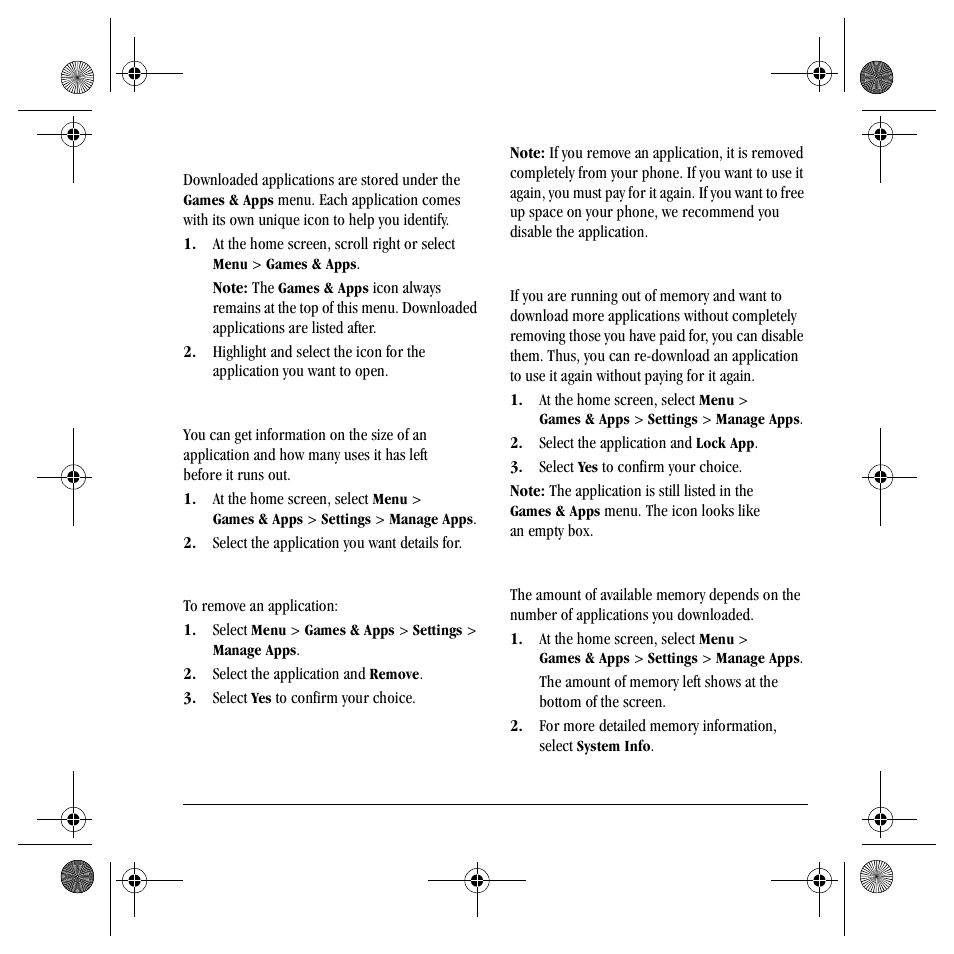 Opening an application, Viewing application details, Removing an application | Disabling an application | Kyocera S4000 User Manual | Page 47 / 80