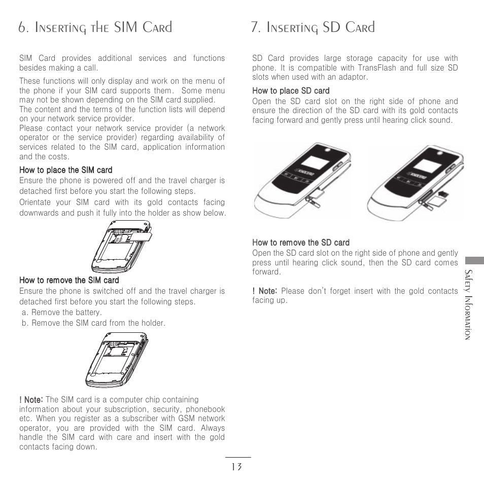 Inserting the sim card 7. inserting sd card, Safety information 1 3 | Kyocera E3500 User Manual | Page 15 / 60