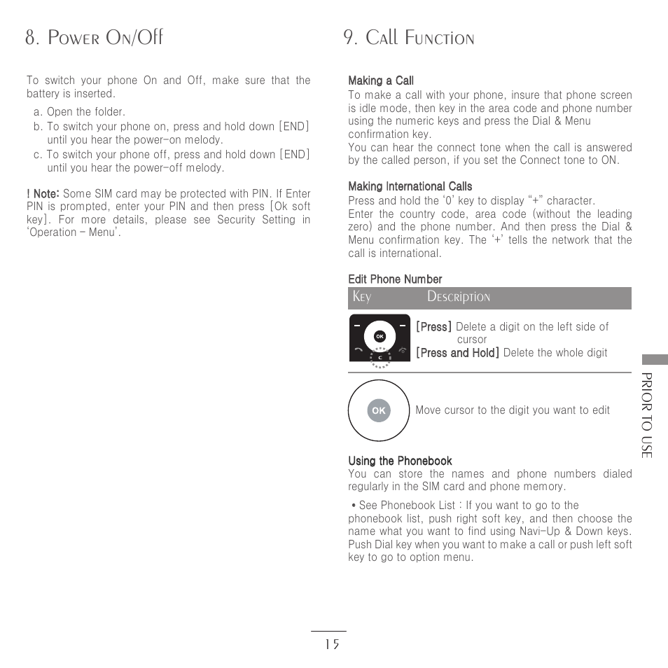Power on/off 9. call function, Key description, Prior to use 1 5 | Kyocera E3500 User Manual | Page 17 / 60