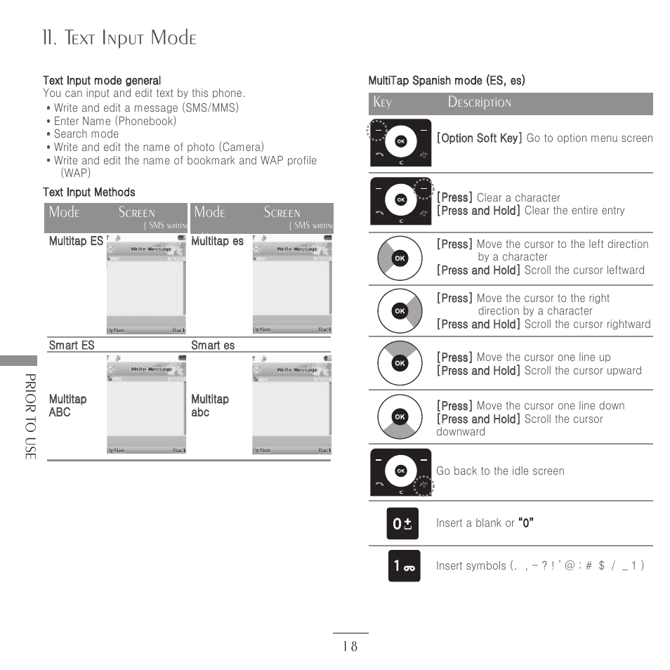 Text input mode, Key description, Mode screen | Prior to use 1 8 | Kyocera E3500 User Manual | Page 20 / 60