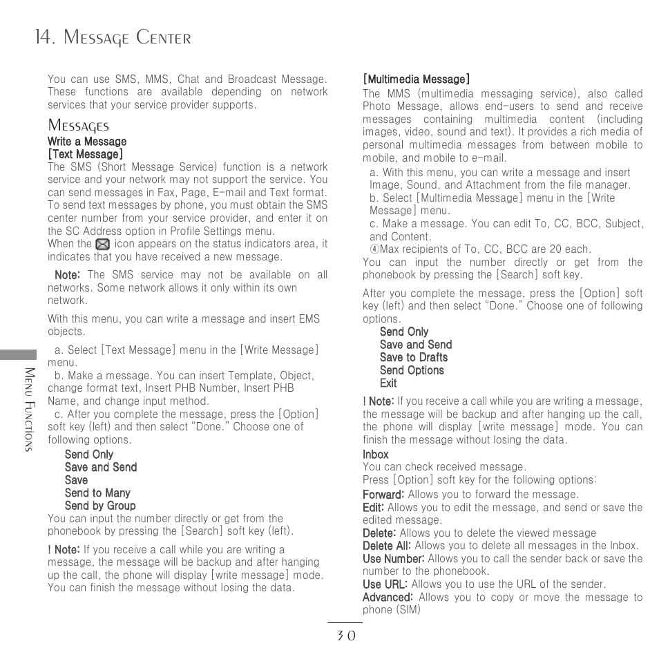 Message center, Messages, Menu f unctions 3 0 | Kyocera E3500 User Manual | Page 32 / 60