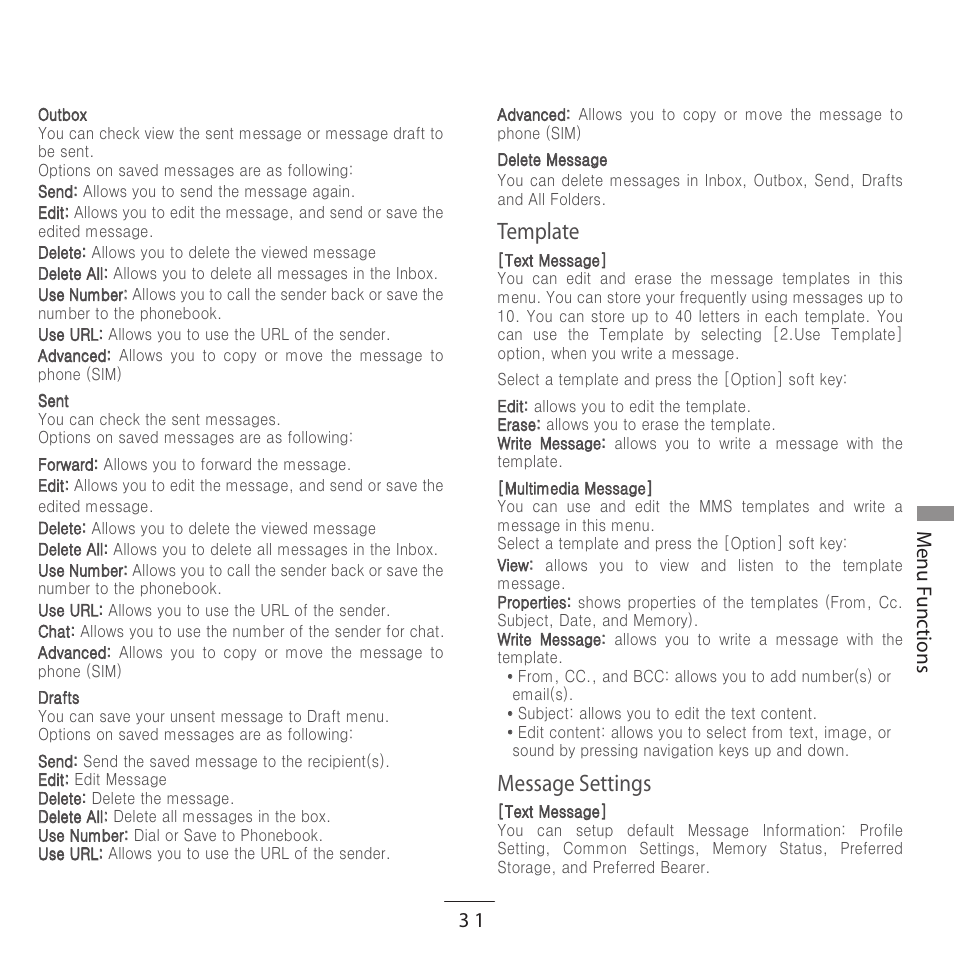 4emplate, Essage, Enu unc tions | Kyocera E3500 User Manual | Page 33 / 60