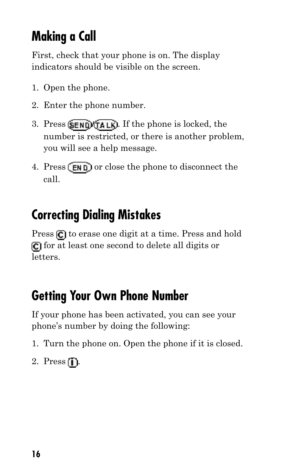 Making a call, Correcting dialing mistakes, Getting your own phone number | Kyocera Q Phone User Manual | Page 16 / 60