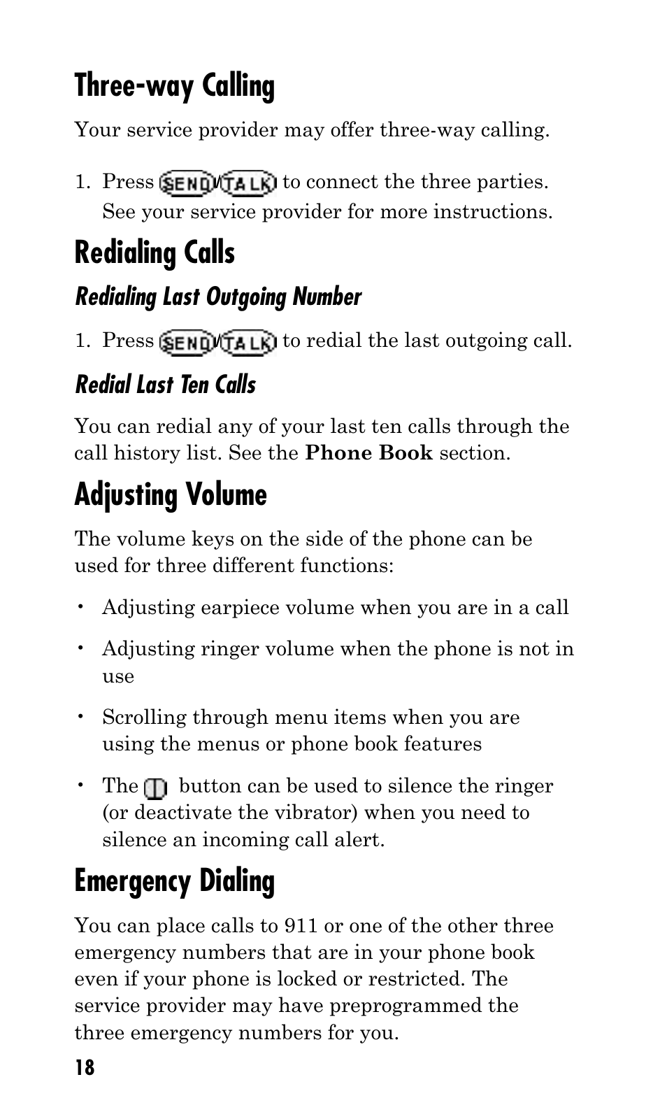 Three-way calling, Redialing calls, Adjusting volume | Emergency dialing | Kyocera Q Phone User Manual | Page 18 / 60