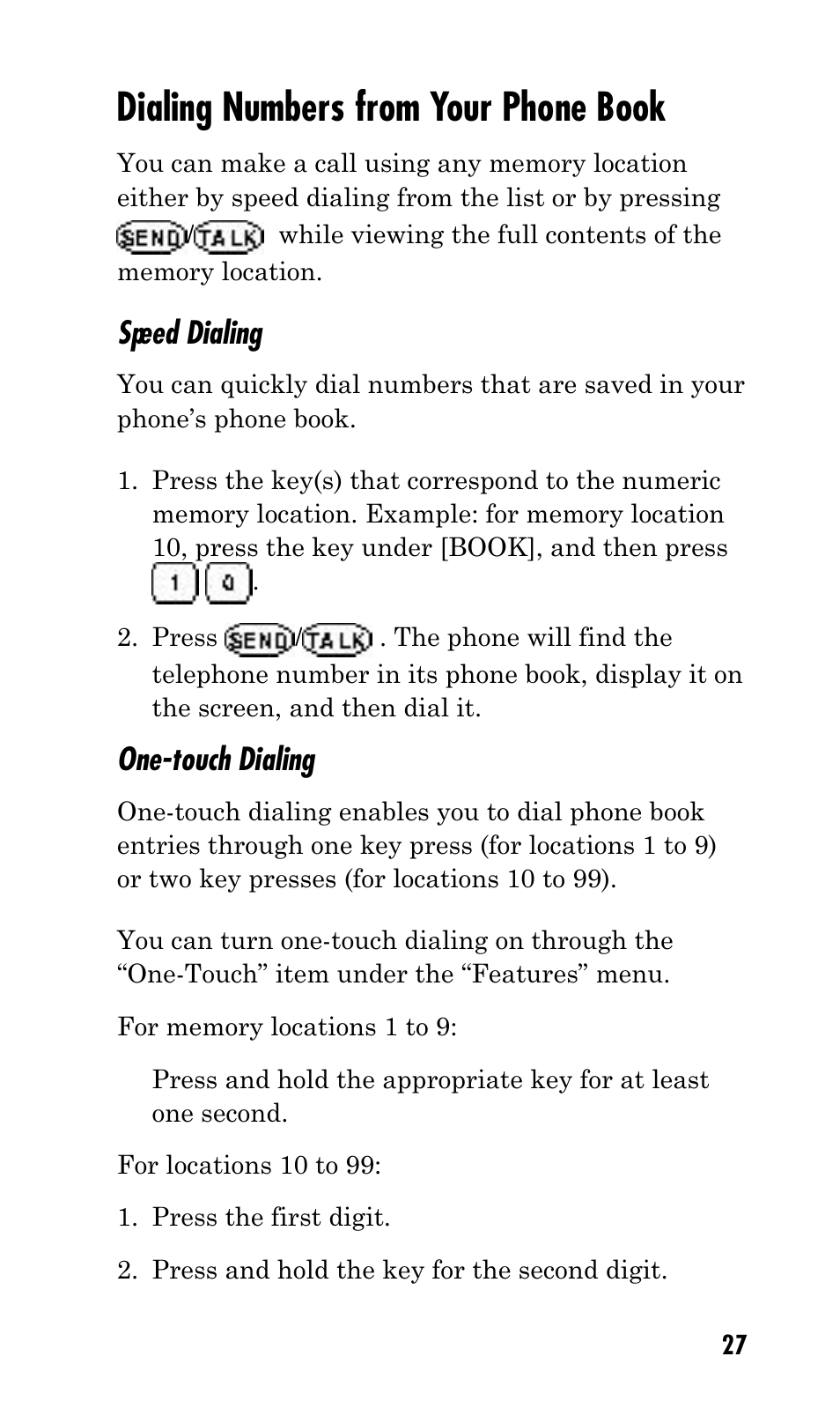 Dialing numbers from your phone book, Speed dialing, One-touch dialing | Kyocera Q Phone User Manual | Page 27 / 60