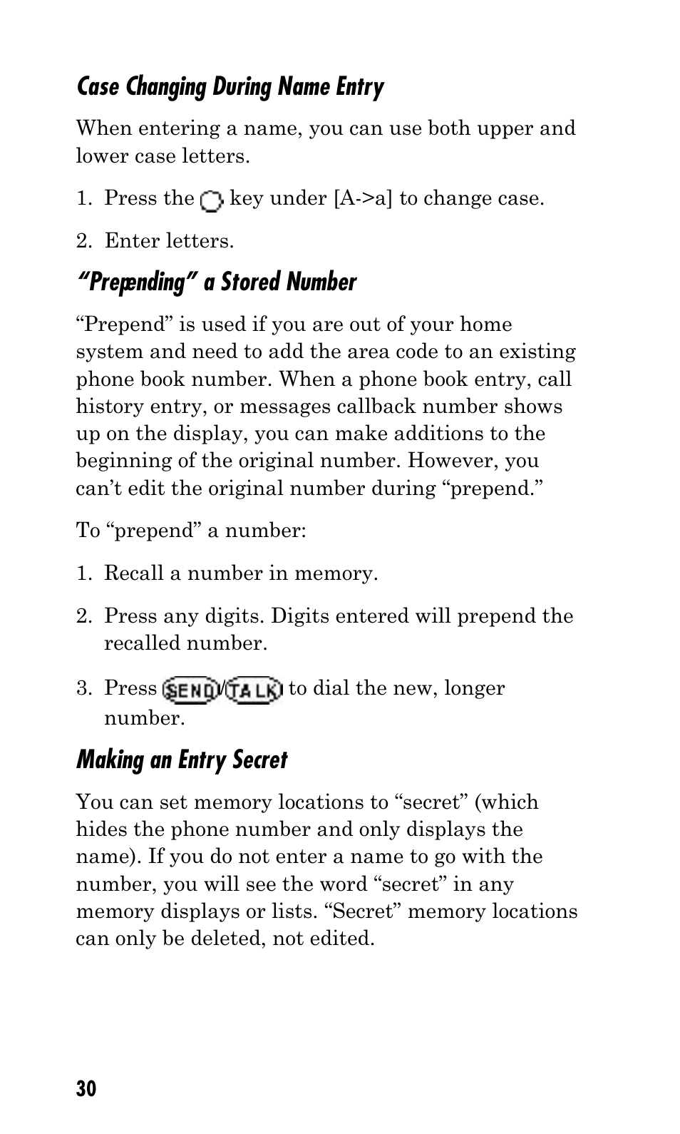 Case changing during name entry, Prepending” a stored number, Making an entry secret | Kyocera Q Phone User Manual | Page 30 / 60