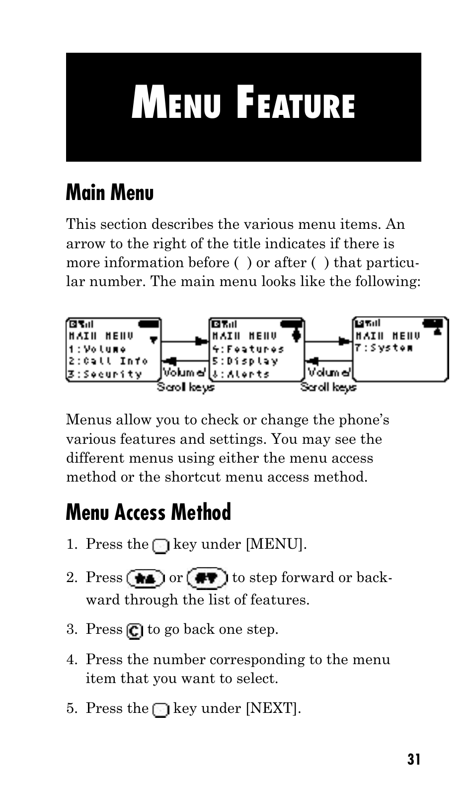 Eature, Main menu, Menu access method | Kyocera Q Phone User Manual | Page 31 / 60