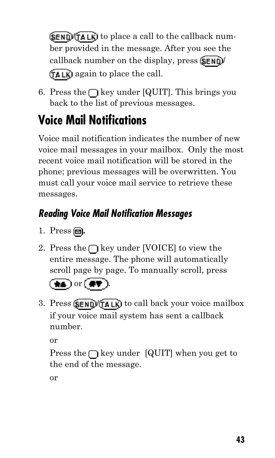 Voice mail notifications, Reading voice mail notification messages | Kyocera Q Phone User Manual | Page 43 / 60