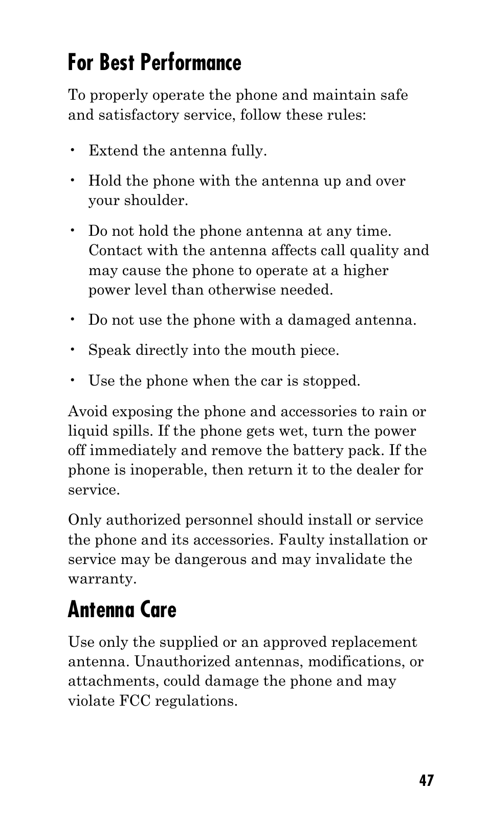 For best performance, Antenna care | Kyocera Q Phone User Manual | Page 47 / 60