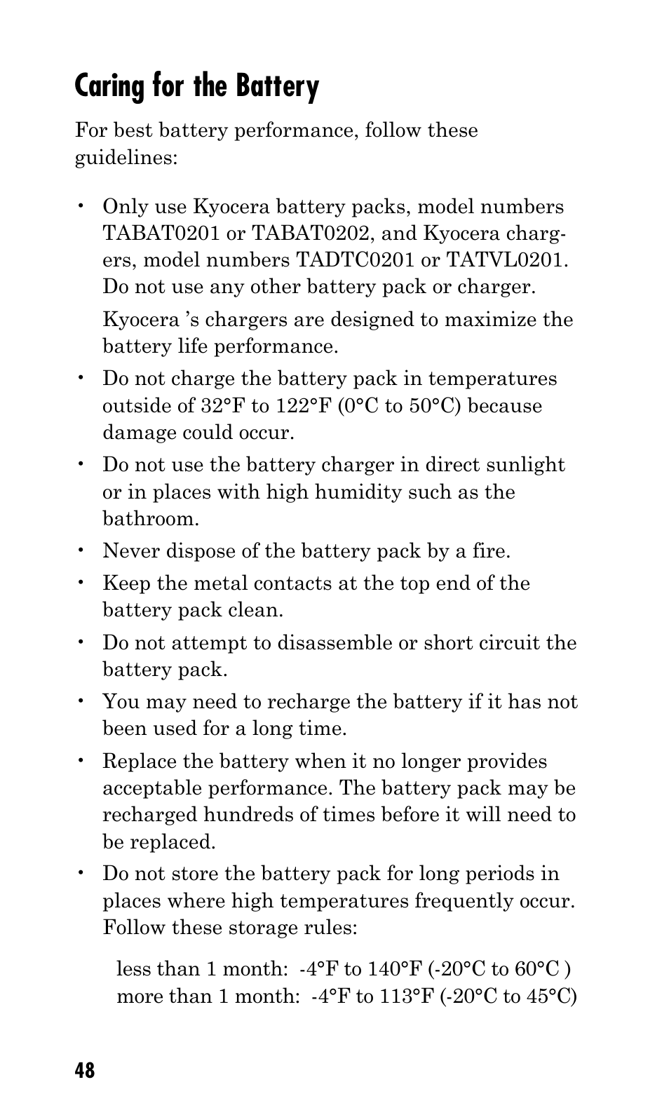 Caring for the battery | Kyocera Q Phone User Manual | Page 48 / 60