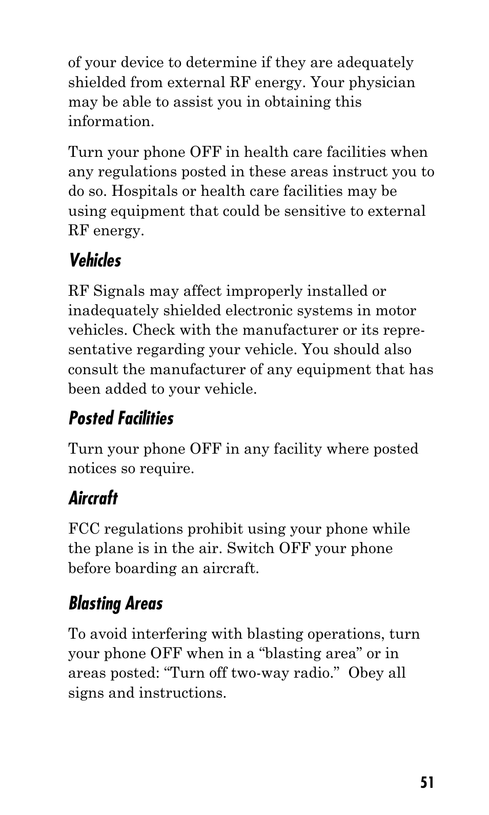 Vehicles, Posted facilities, Aircraft | Blasting areas | Kyocera Q Phone User Manual | Page 51 / 60