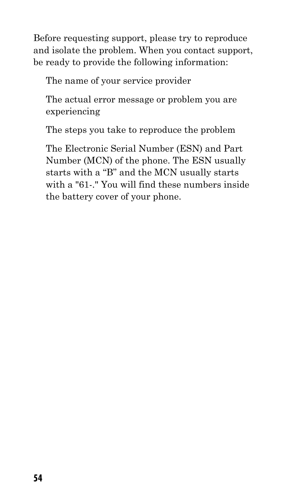The name of your service provider, The steps you take to reproduce the problem | Kyocera Q Phone User Manual | Page 54 / 60