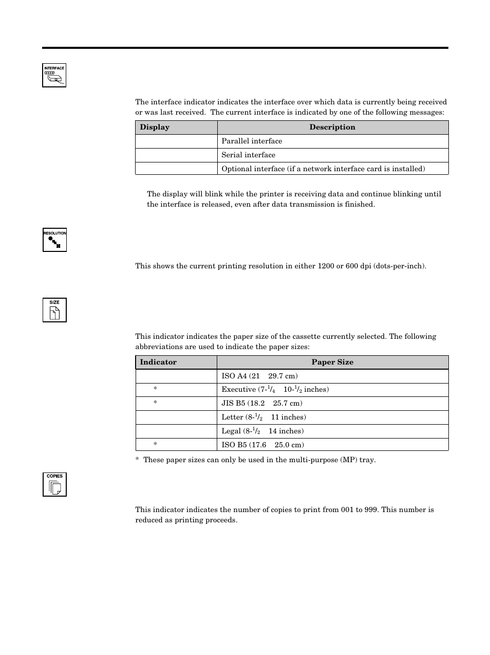 Before you start, Interface indicator, Resolution indicator | Paper size indicator, Copy indicator | Kyocera FS-5900C User Manual | Page 22 / 132