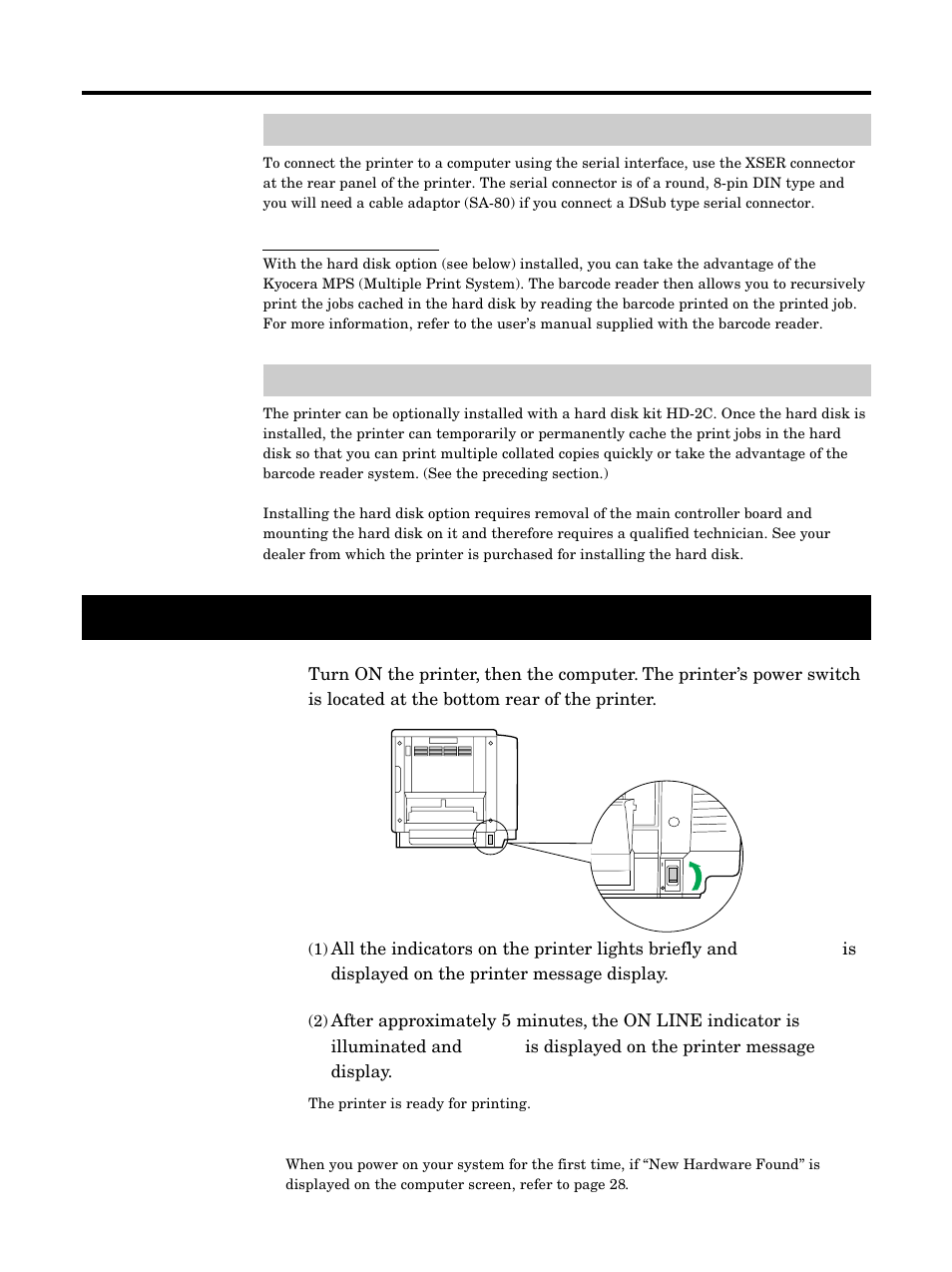 Connecting the serial interface, Installing the hard disk option, Power on | P. 25), Setup | Kyocera FS-5900C User Manual | Page 38 / 132