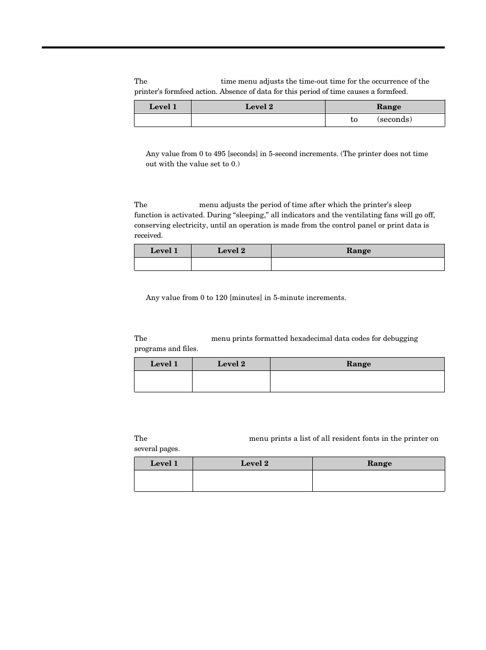 Using the printer, Formfeed timeout time, Sleep timer | Print hex-dump, List of resident fonts | Kyocera FS-5900C User Manual | Page 61 / 132