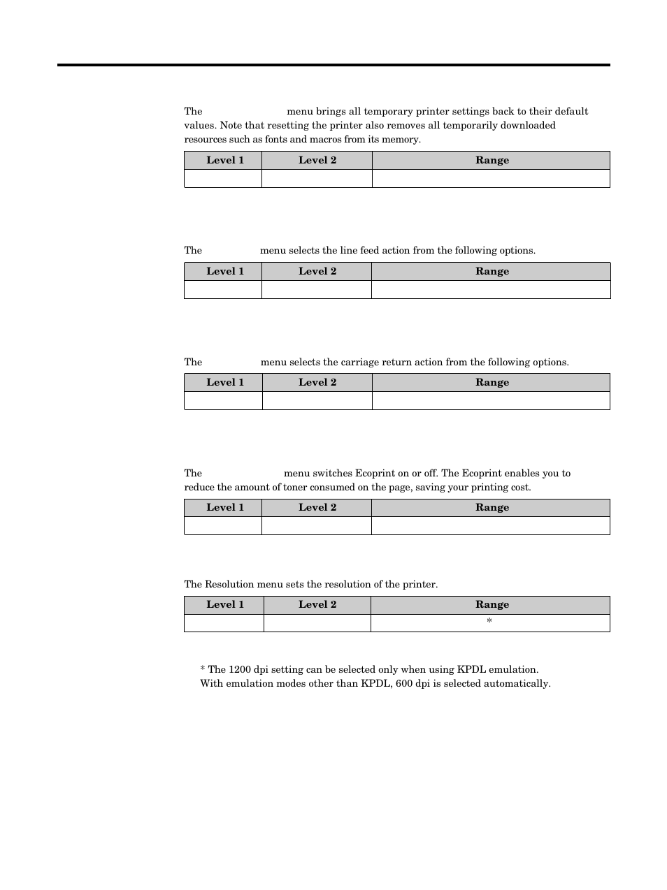 Using the printer, Printer reset, Lf action | Cr action, Ecoprint mode, Resolution | Kyocera FS-5900C User Manual | Page 62 / 132