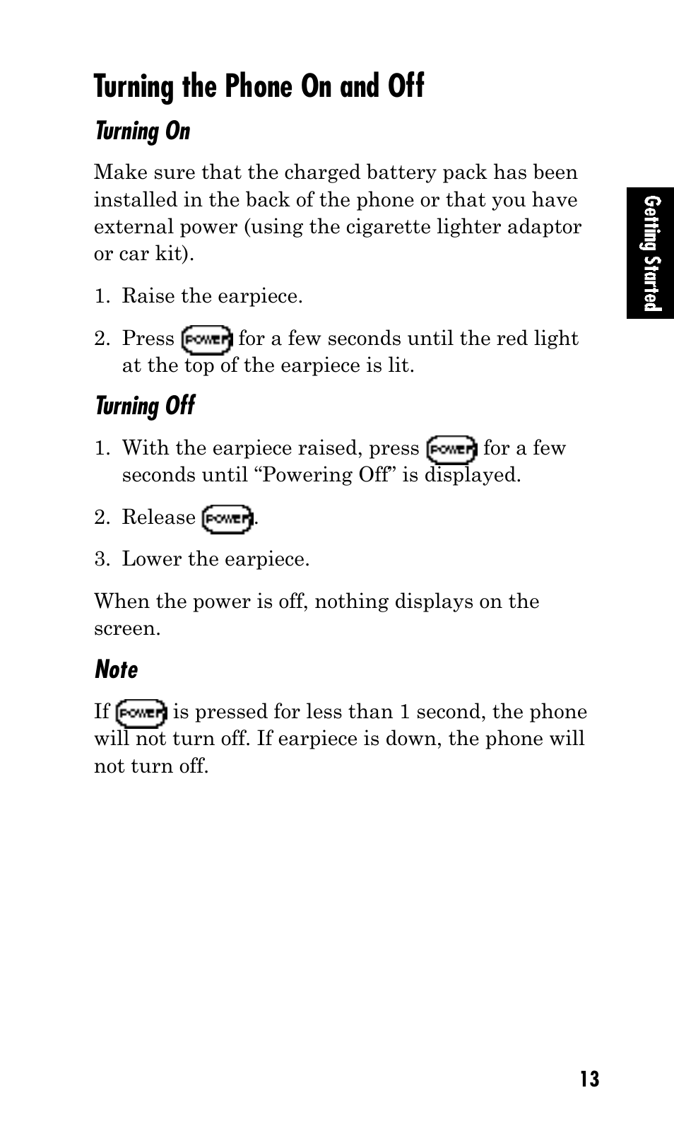 Turning the phone on and off, Turning on, Turning off | Kyocera Mita FS-1900 User Manual | Page 13 / 60