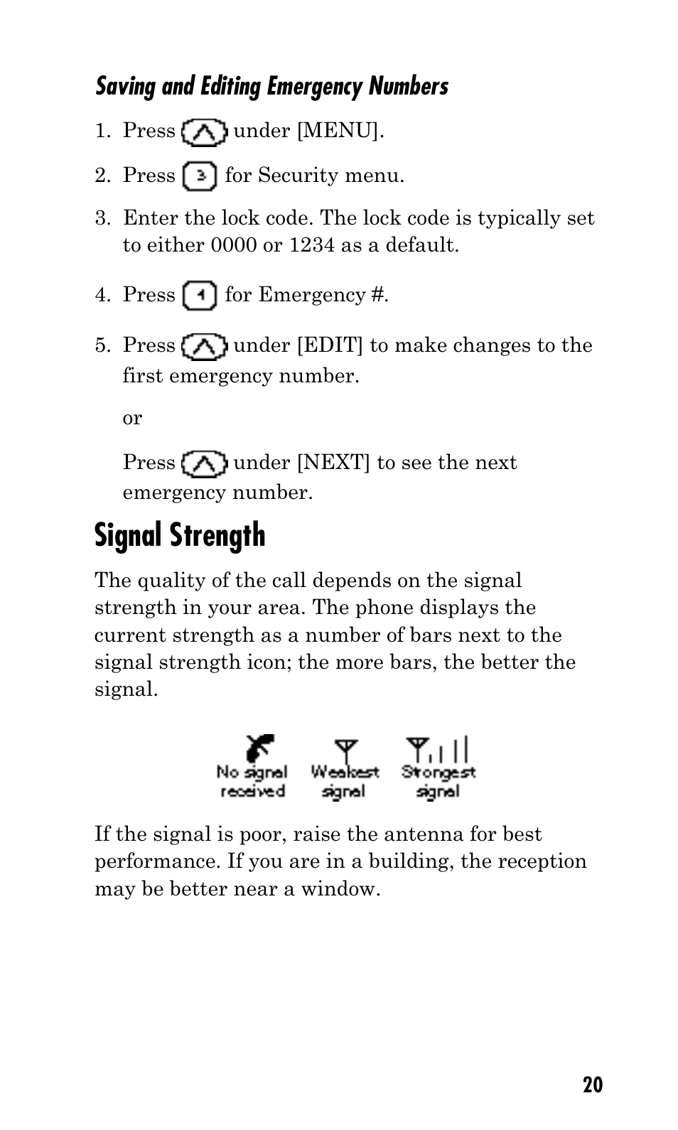 Signal strength, Saving and editing emergency numbers | Kyocera Mita FS-1900 User Manual | Page 20 / 60
