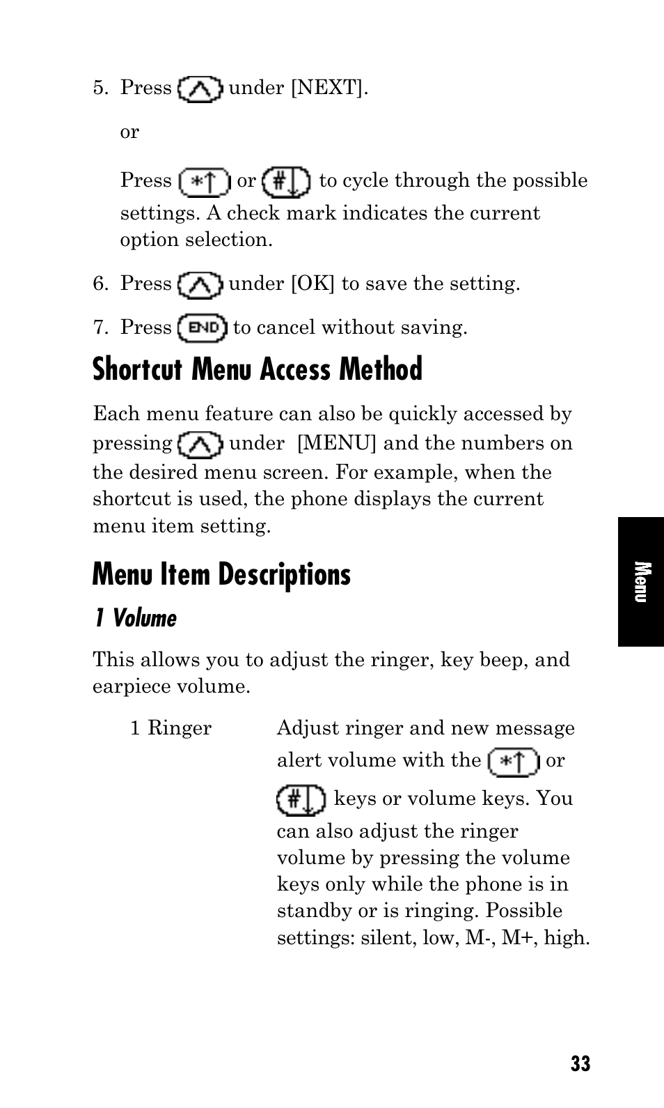 Shortcut menu access method, Menu item descriptions, 1 volume | Kyocera Mita FS-1900 User Manual | Page 33 / 60