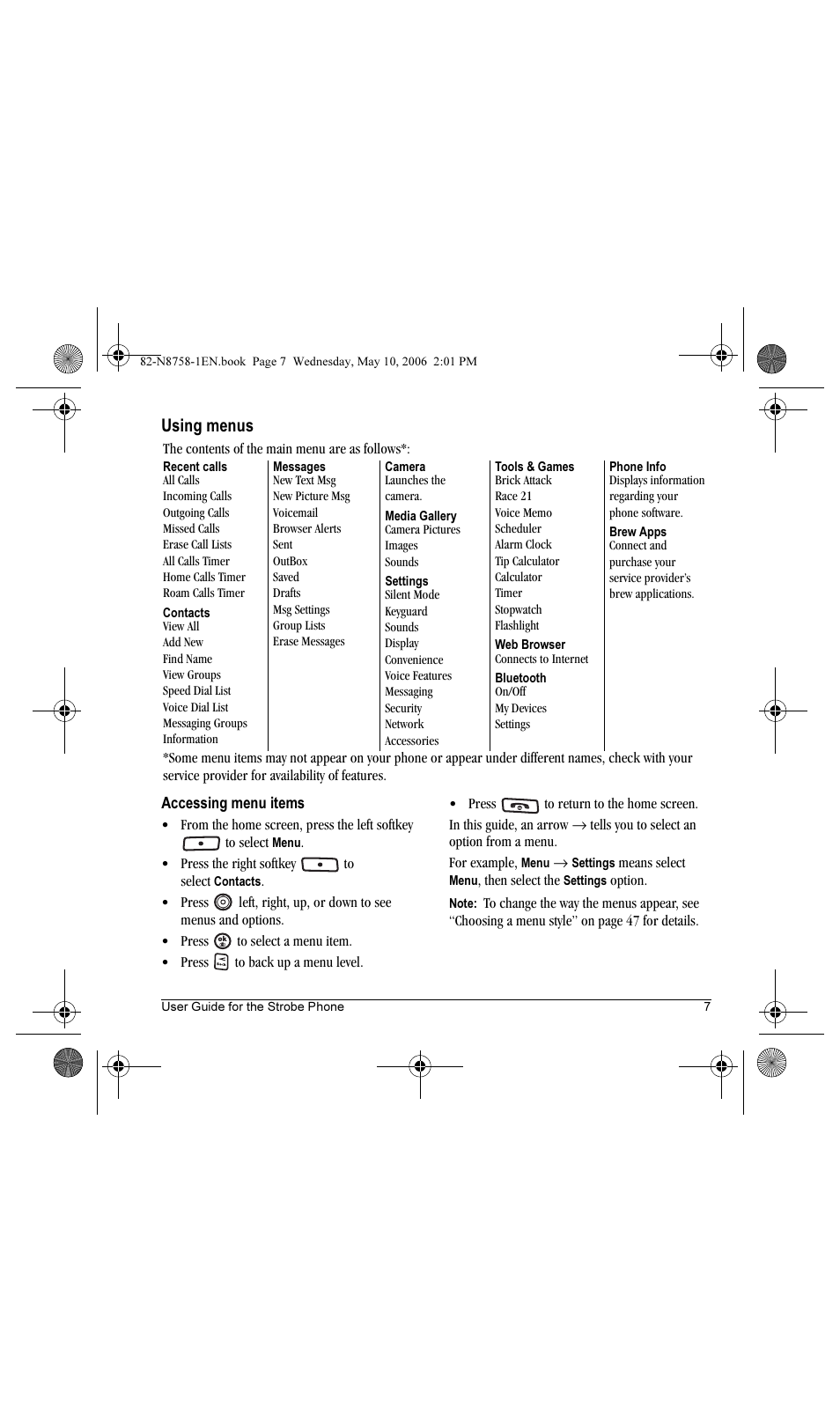 Using menus | Kyocera Strobe K612b User Manual | Page 15 / 80