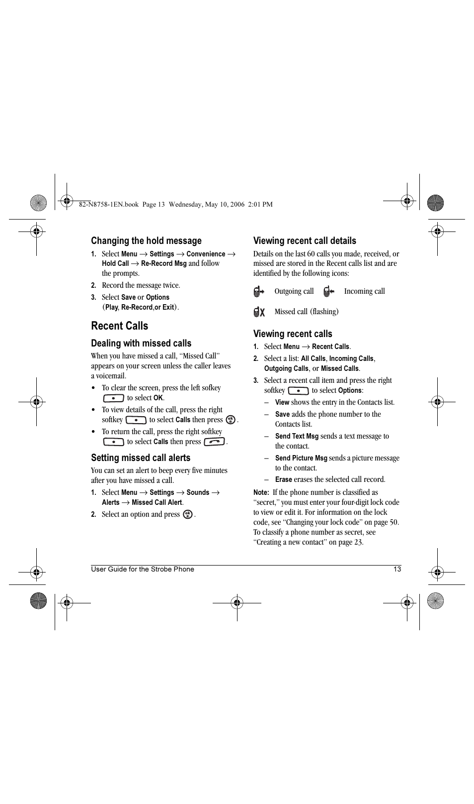 Recent calls, Changing the hold message, Dealing with missed calls | Setting missed call alerts, Viewing recent call details, Viewing recent calls | Kyocera Strobe K612b User Manual | Page 21 / 80