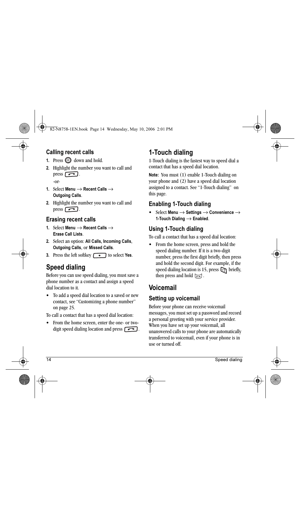 Speed dialing, Touch dialing, Voicemail | Kyocera Strobe K612b User Manual | Page 22 / 80