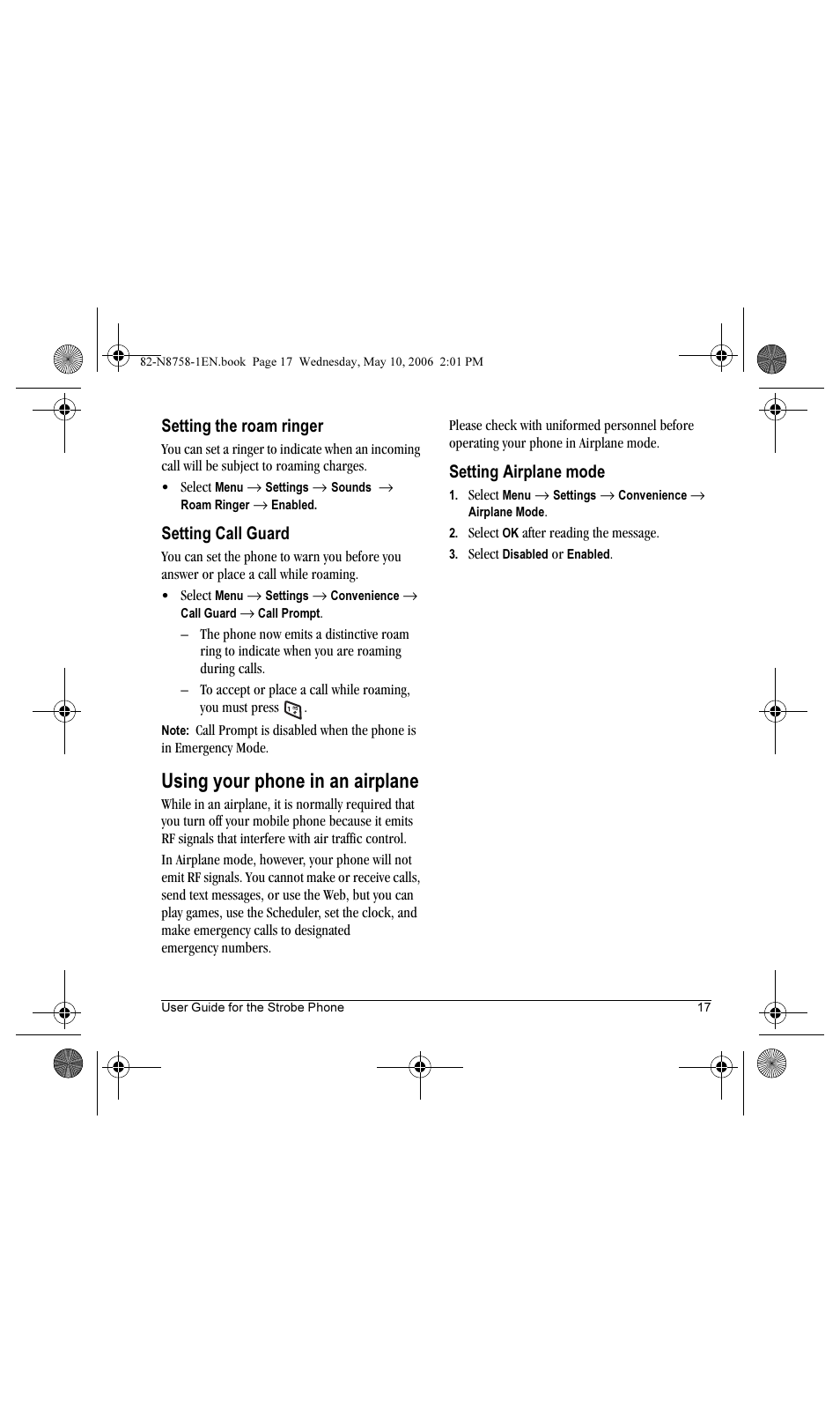 Using your phone in an airplane, Setting the roam ringer, Setting call guard | Setting airplane mode | Kyocera Strobe K612b User Manual | Page 25 / 80