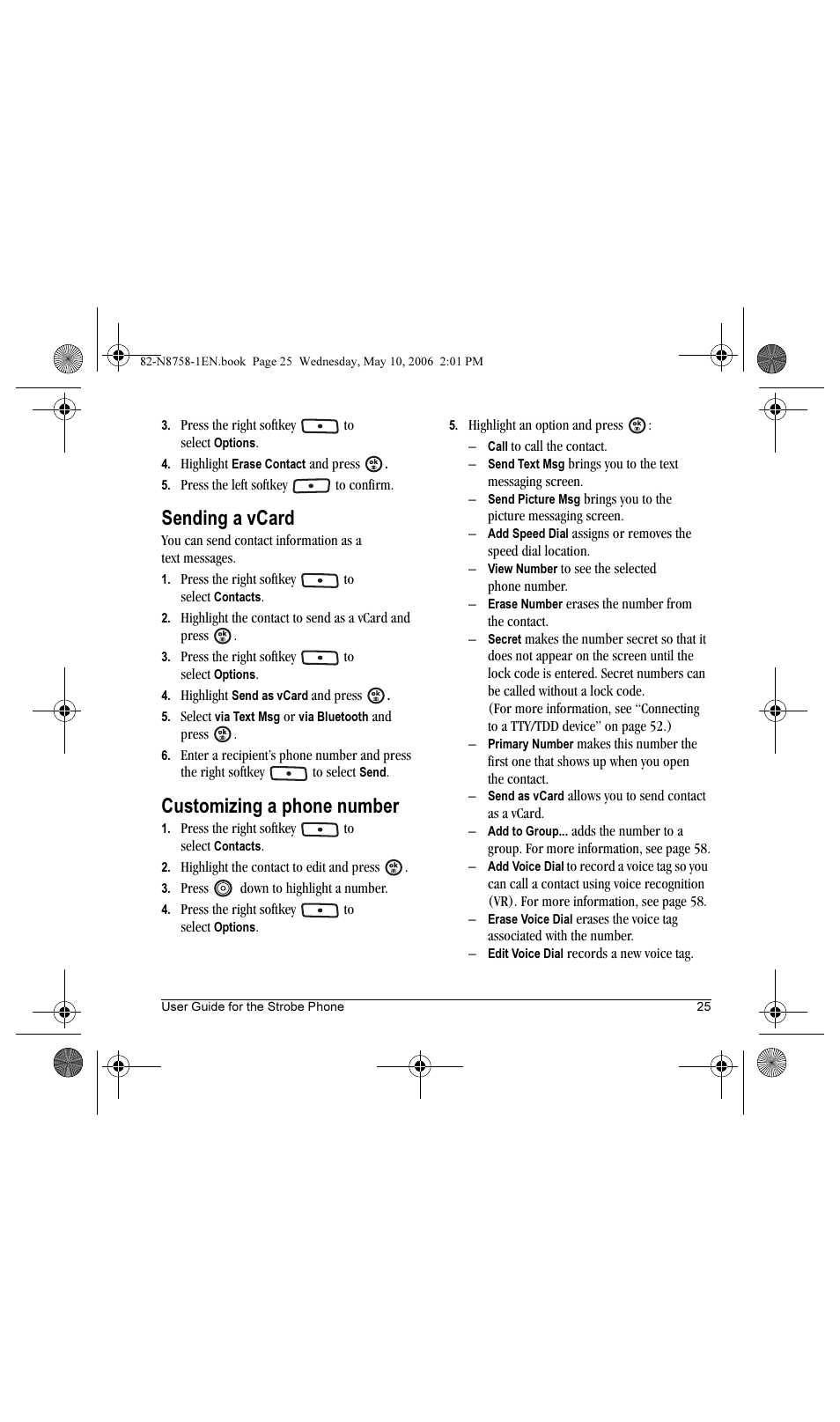 Sending a vcard, Customizing a phone number | Kyocera Strobe K612b User Manual | Page 33 / 80