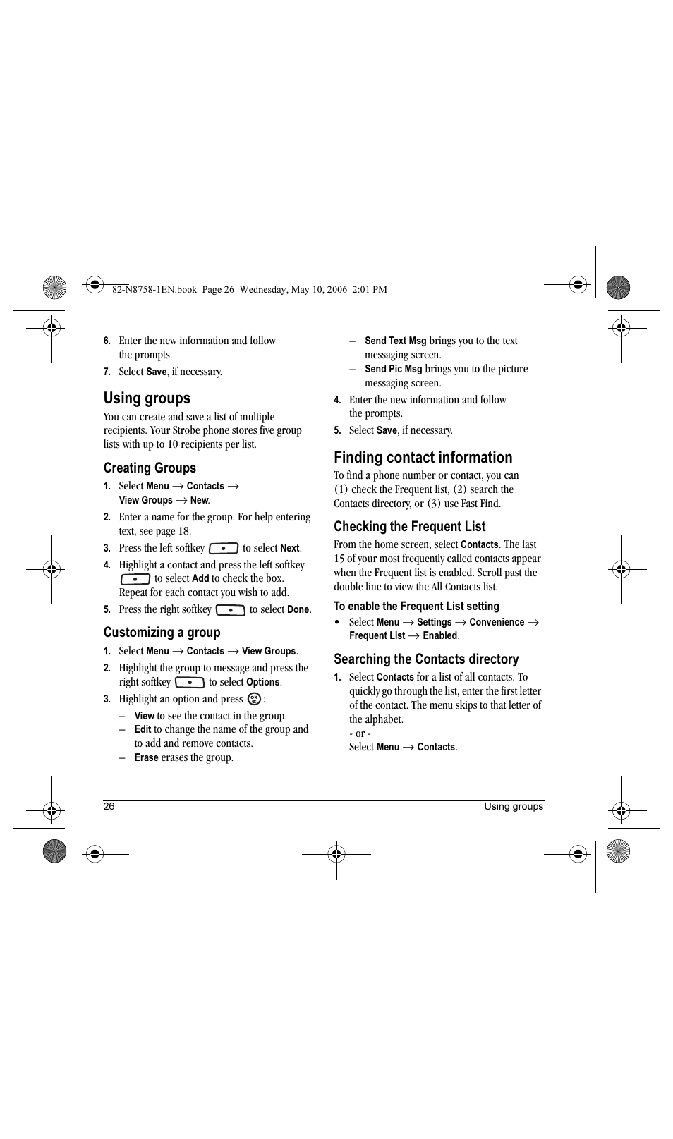 Using groups, Finding contact information, Creating groups | Customizing a group, Checking the frequent list, Searching the contacts directory | Kyocera Strobe K612b User Manual | Page 34 / 80