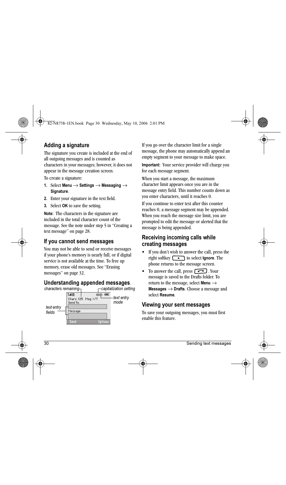 Adding a signature, If you cannot send messages, Understanding appended messages | Receiving incoming calls while creating messages, Viewing your sent messages | Kyocera Strobe K612b User Manual | Page 38 / 80