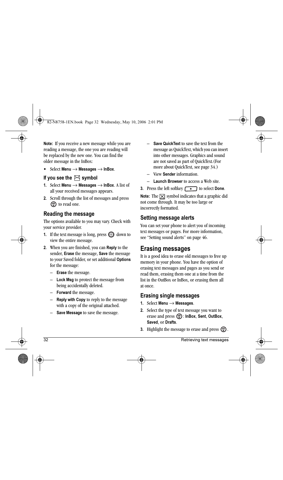 Erasing messages, Reading the message, Setting message alerts | Erasing single messages | Kyocera Strobe K612b User Manual | Page 40 / 80