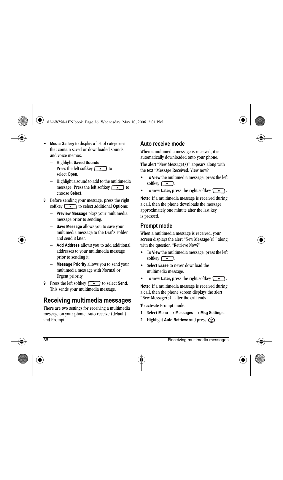 Receiving multimedia messages, Auto receive mode, Prompt mode | Kyocera Strobe K612b User Manual | Page 44 / 80