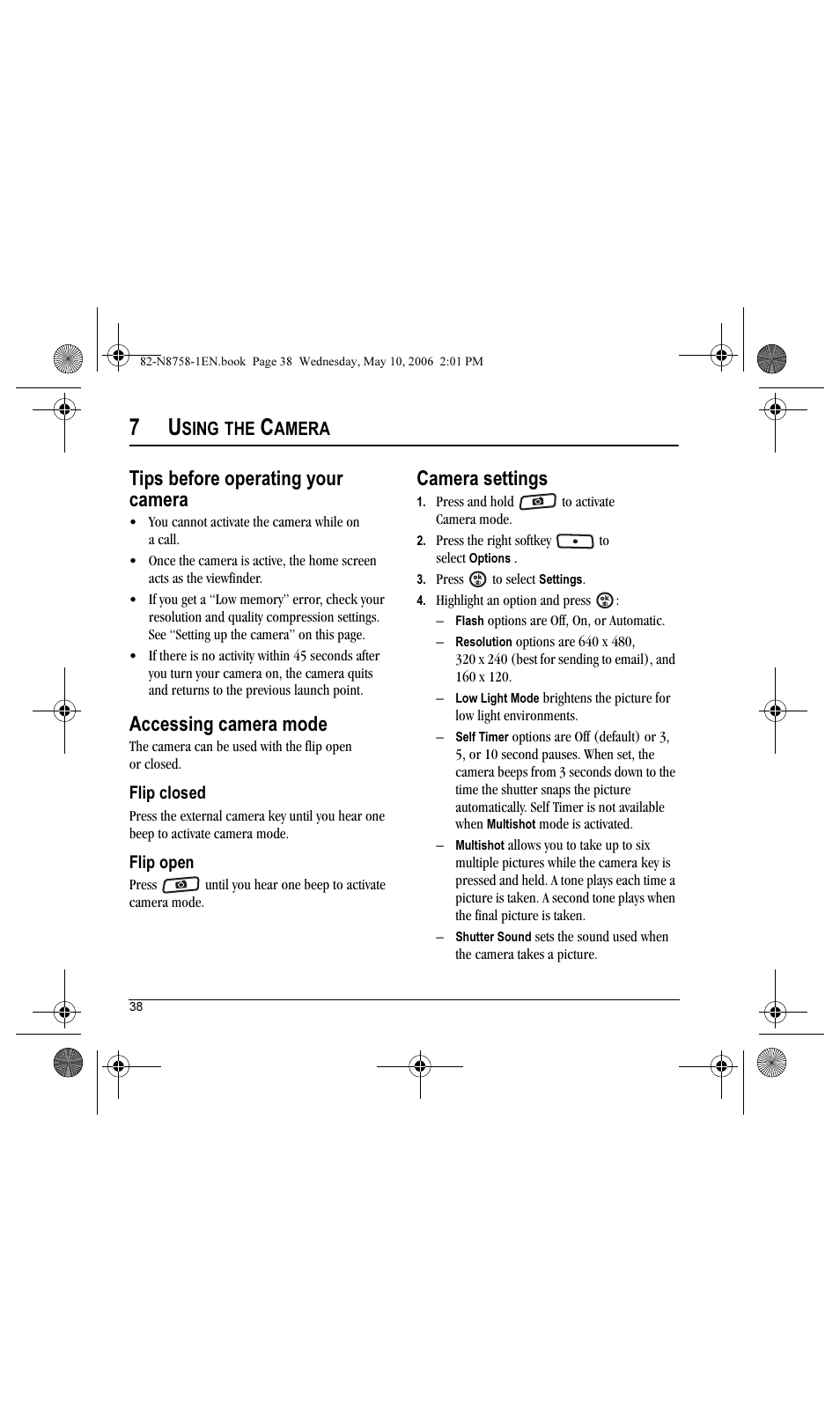 Tips before operating your camera, Accessing camera mode, Camera settings | Sing, Amera | Kyocera Strobe K612b User Manual | Page 46 / 80